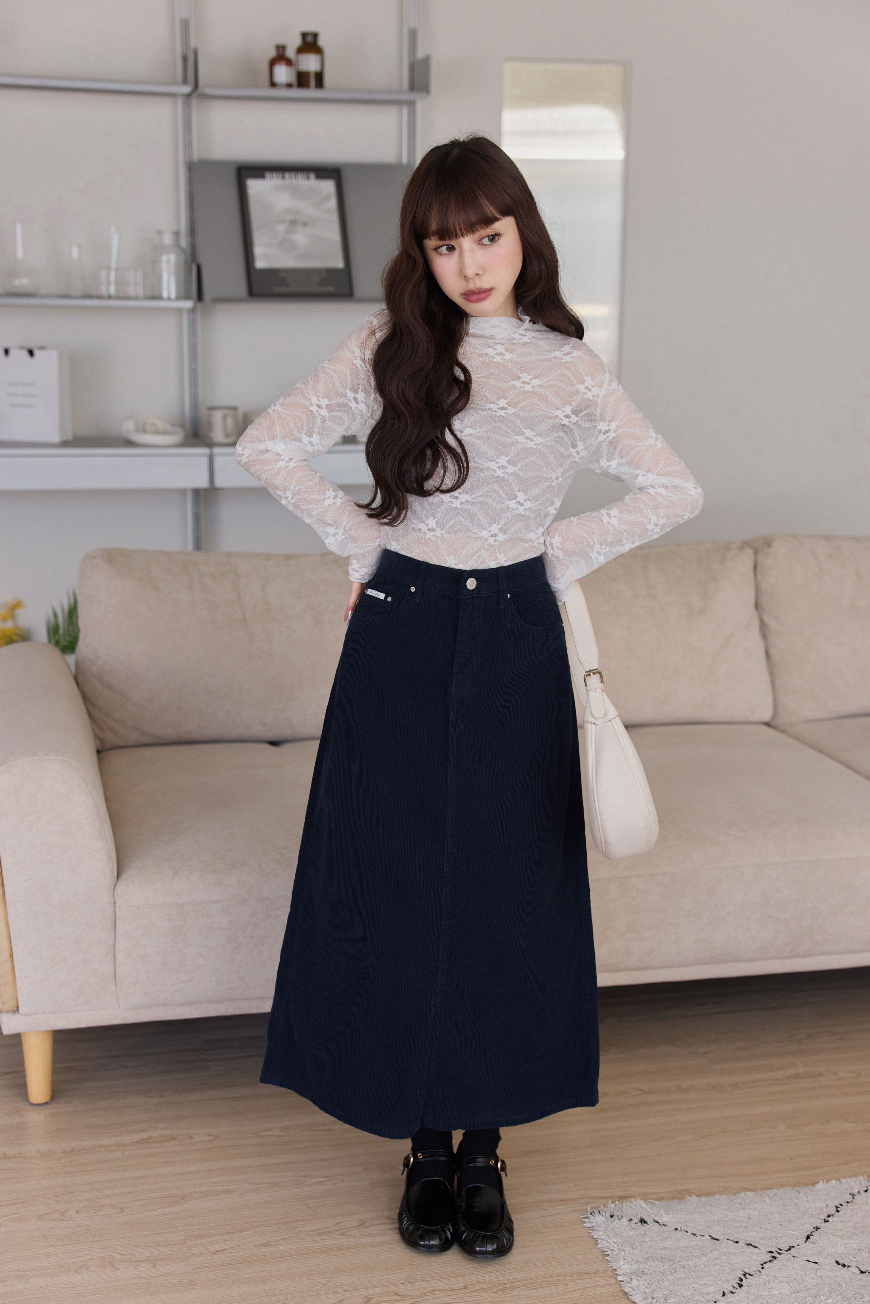 Semi-Sheer Floral Embossed Mock Neck Top
