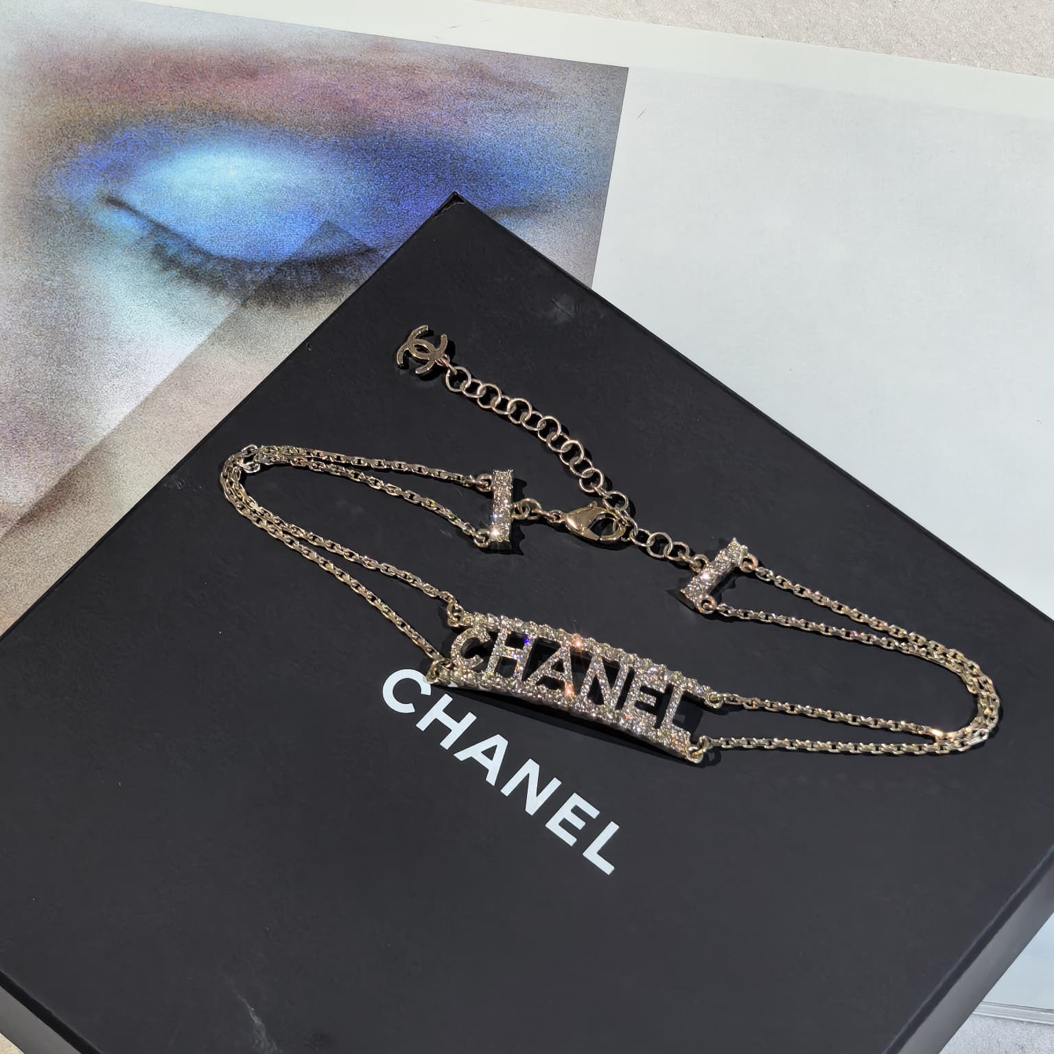 全新CHANEL頸鍊 淡金屬/雙排水鑽LOGO, 香奈兒CHOKER NECKLACE #BRAND NEW #香榭站正品