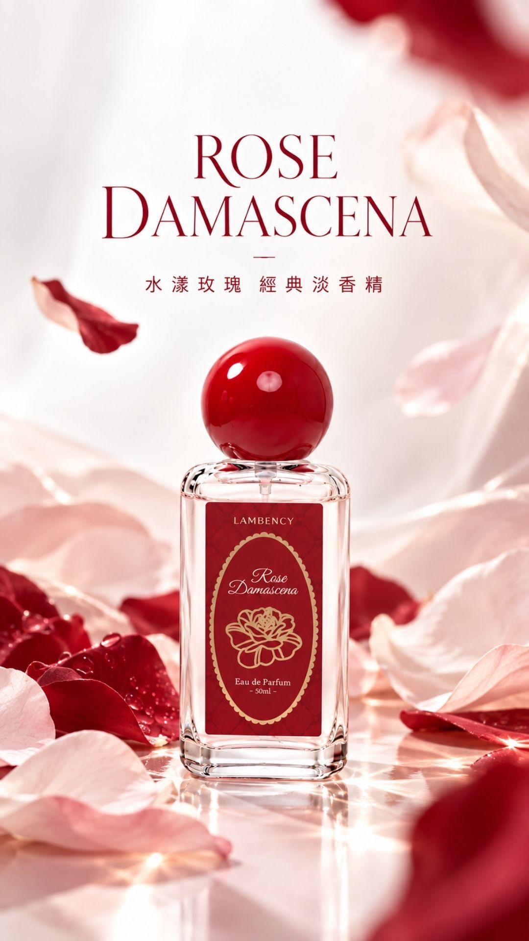 LAMBENCY 水漾玫瑰經典淡香精 50mL,紅色圓球瓶蓋搭配玫瑰花瓣的香水形象照