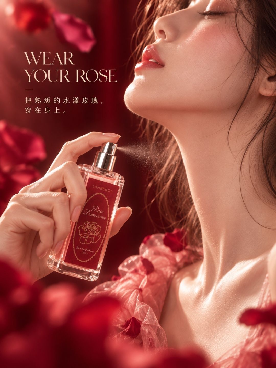 女性於頸間噴灑 LAMBENCY 水漾玫瑰經典淡香精,展現日常穿香與玫瑰香氛氛圍