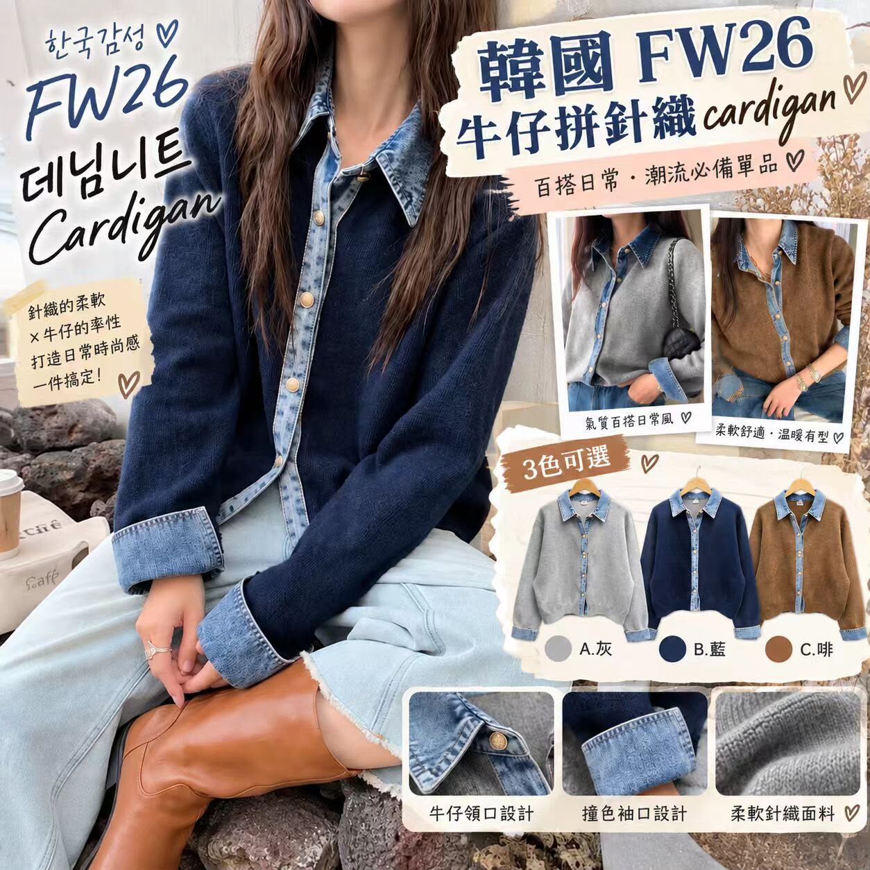 [D3947] 韓國FW26 牛仔拼針織cardigan