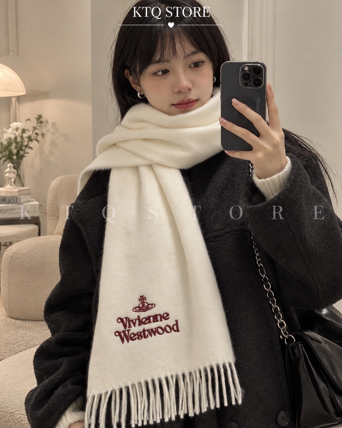 KTQ STORE ‧ 西太后純色裝飾羊毛圍巾 女款 白色81030007-W00Q7--WHITE