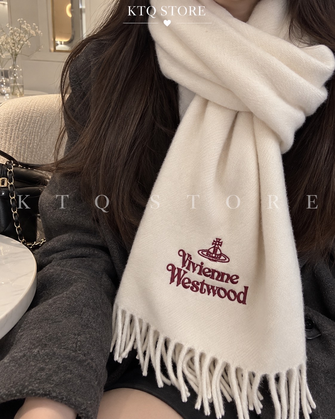 KTQ STORE ‧ 西太后純色裝飾羊毛圍巾 女款 白色81030007-W00Q7--WHITE