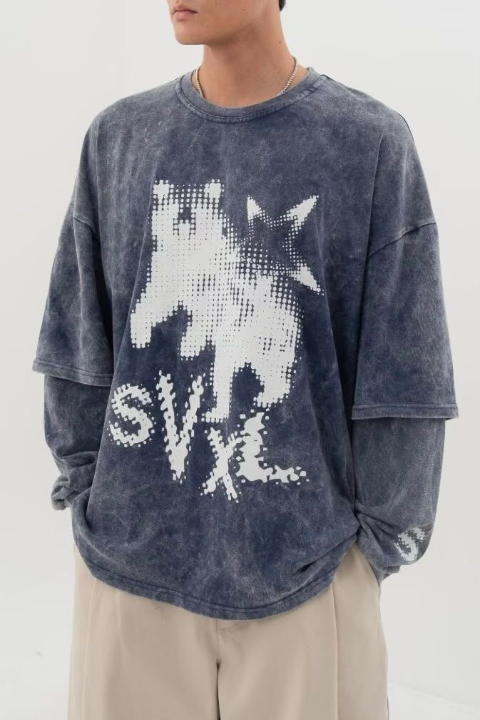 OverSize洗水假兩件英文字圖案長袖衫 SVXL-146T