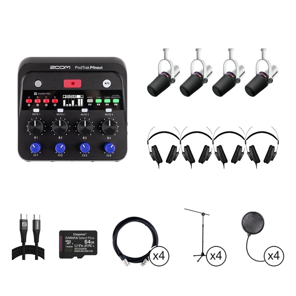 ZOOM PodTrak P4next & MV7+ 專業四人 Podcast 錄音套組 (立式支架)