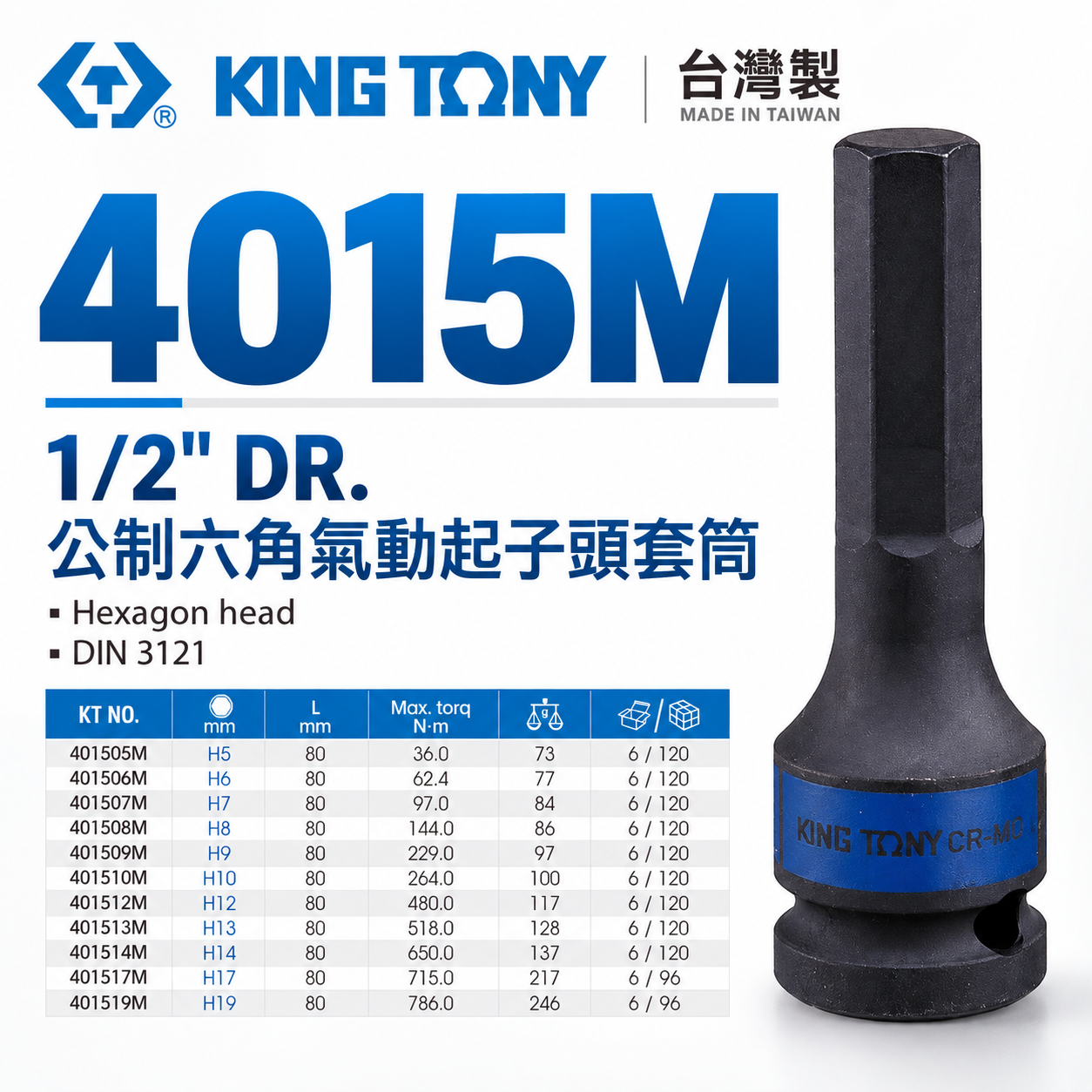 KING TONY 金統立｜長 80mm｜四分 4分 六角起子氣動套筒 1/2" 氣動六角凸套筒｜4015M