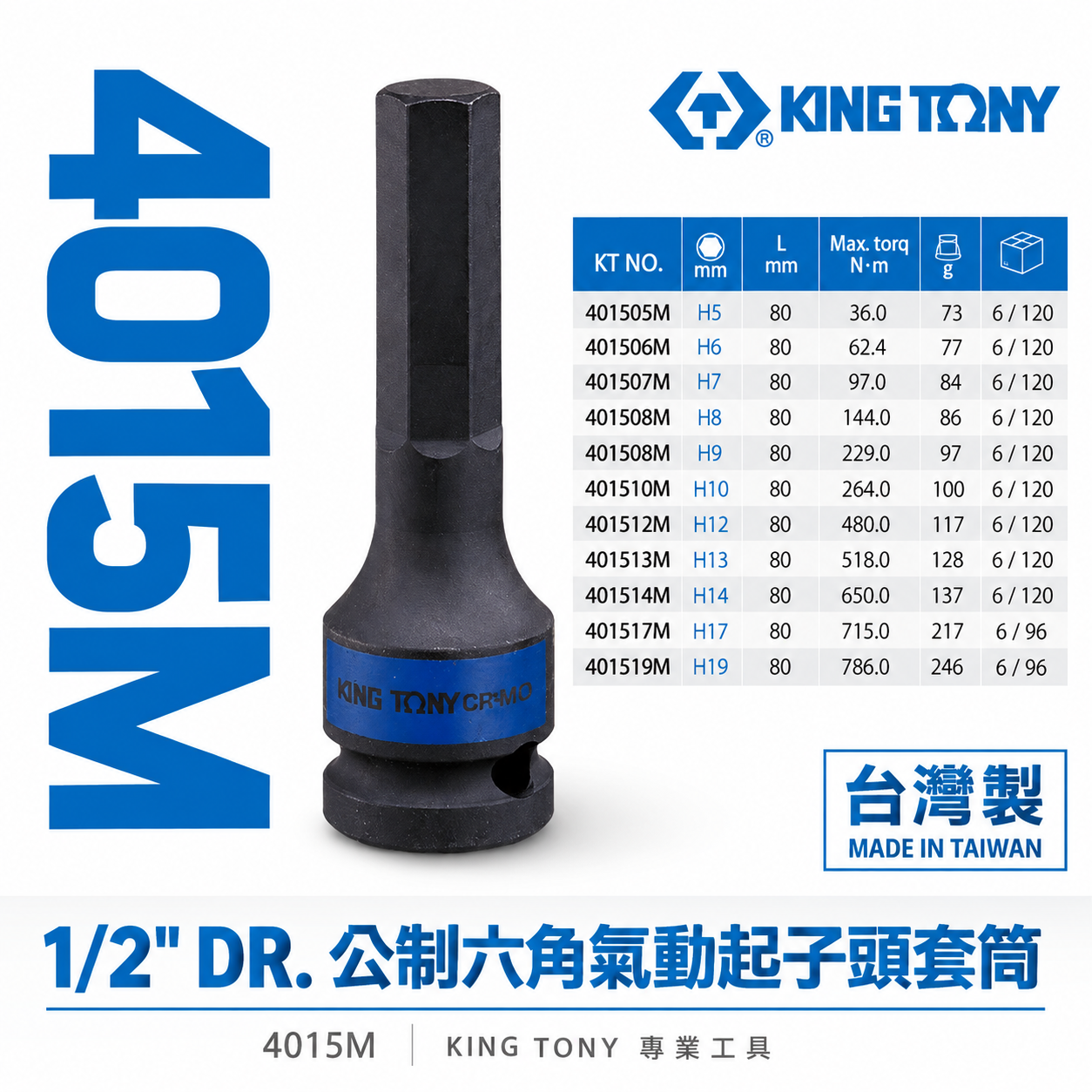 KING TONY 金統立｜長 80mm｜四分 4分 六角起子氣動套筒 1/2" 氣動六角凸套筒｜4015M