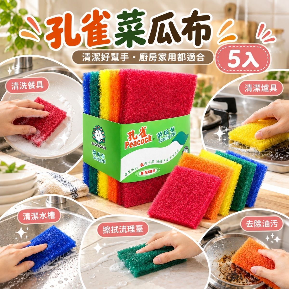 孔雀菜瓜布 5入｜菜瓜布 洗碗菜瓜布 廚房清潔刷 餐具鍋具清潔 去油污 百潔布【輕鬆購五金百貨】