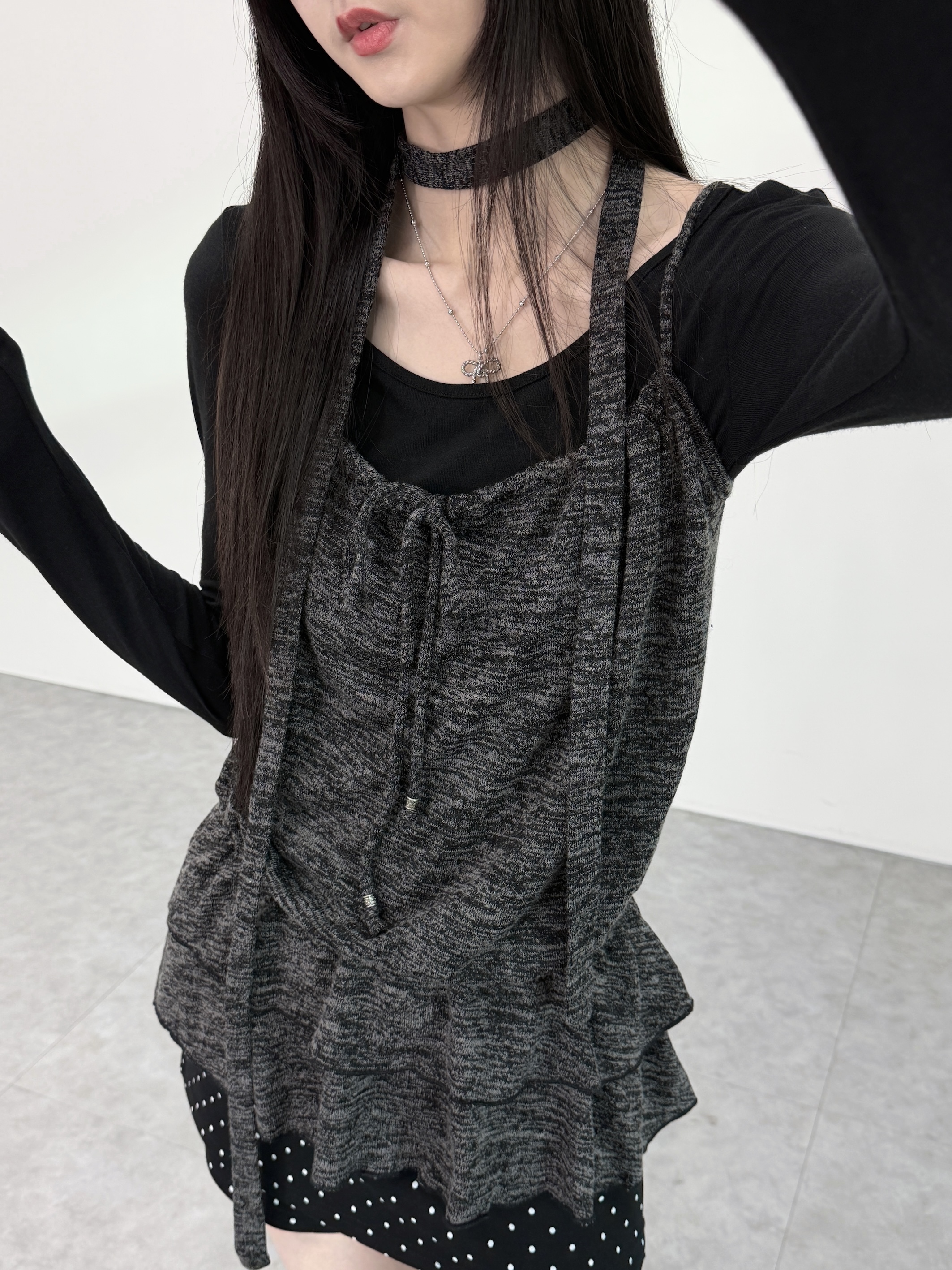A0483-A14 混色胸綁繩背心真兩件上衣兩件套 附脖帶
