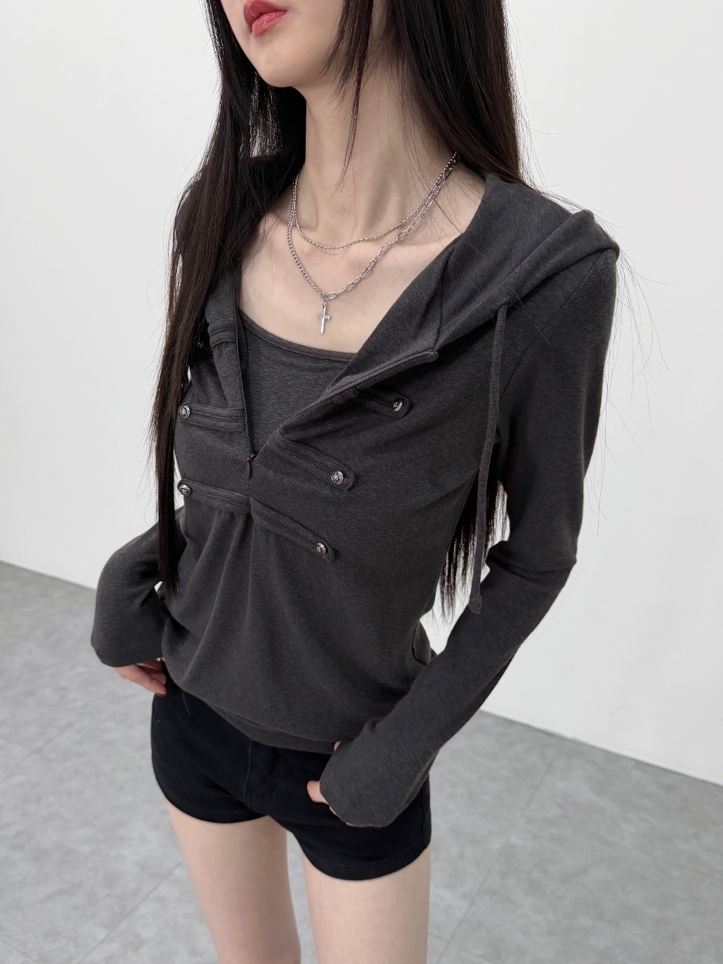 A0480-A14 拿破崙排釦混色前拉鍊連帽上衣