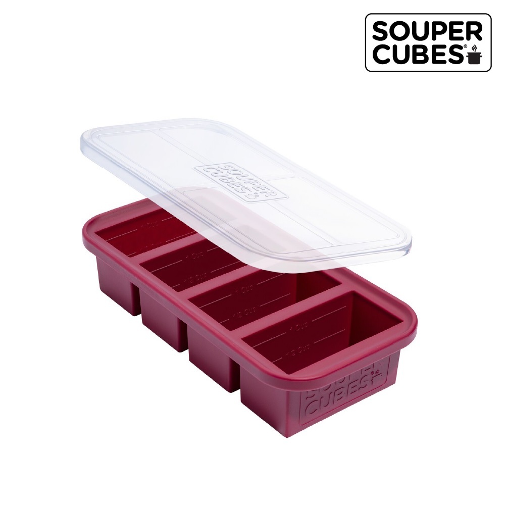 【Souper Cubes】多功能食品級矽膠保鮮盒4格_酒紅色(250ml/格)