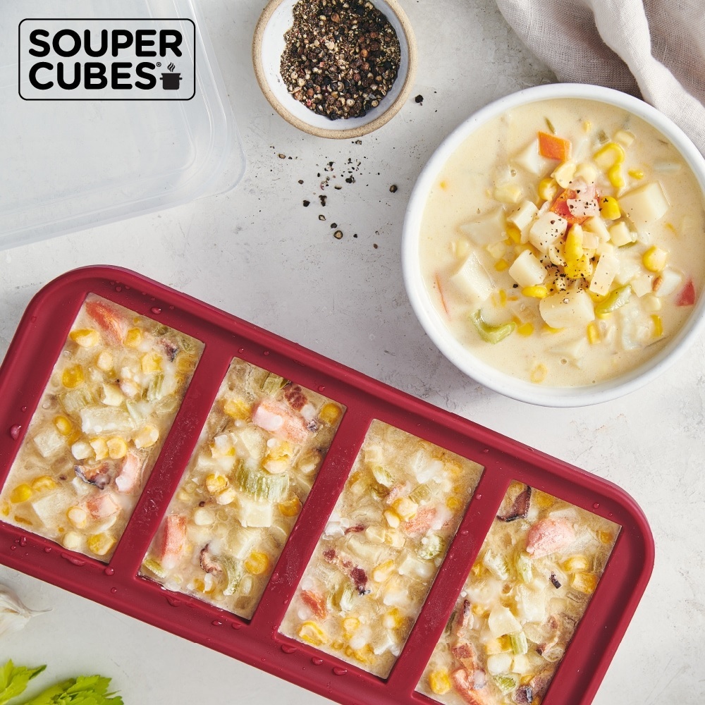 【Souper Cubes】多功能食品級矽膠保鮮盒4格_酒紅色(250ml/格)