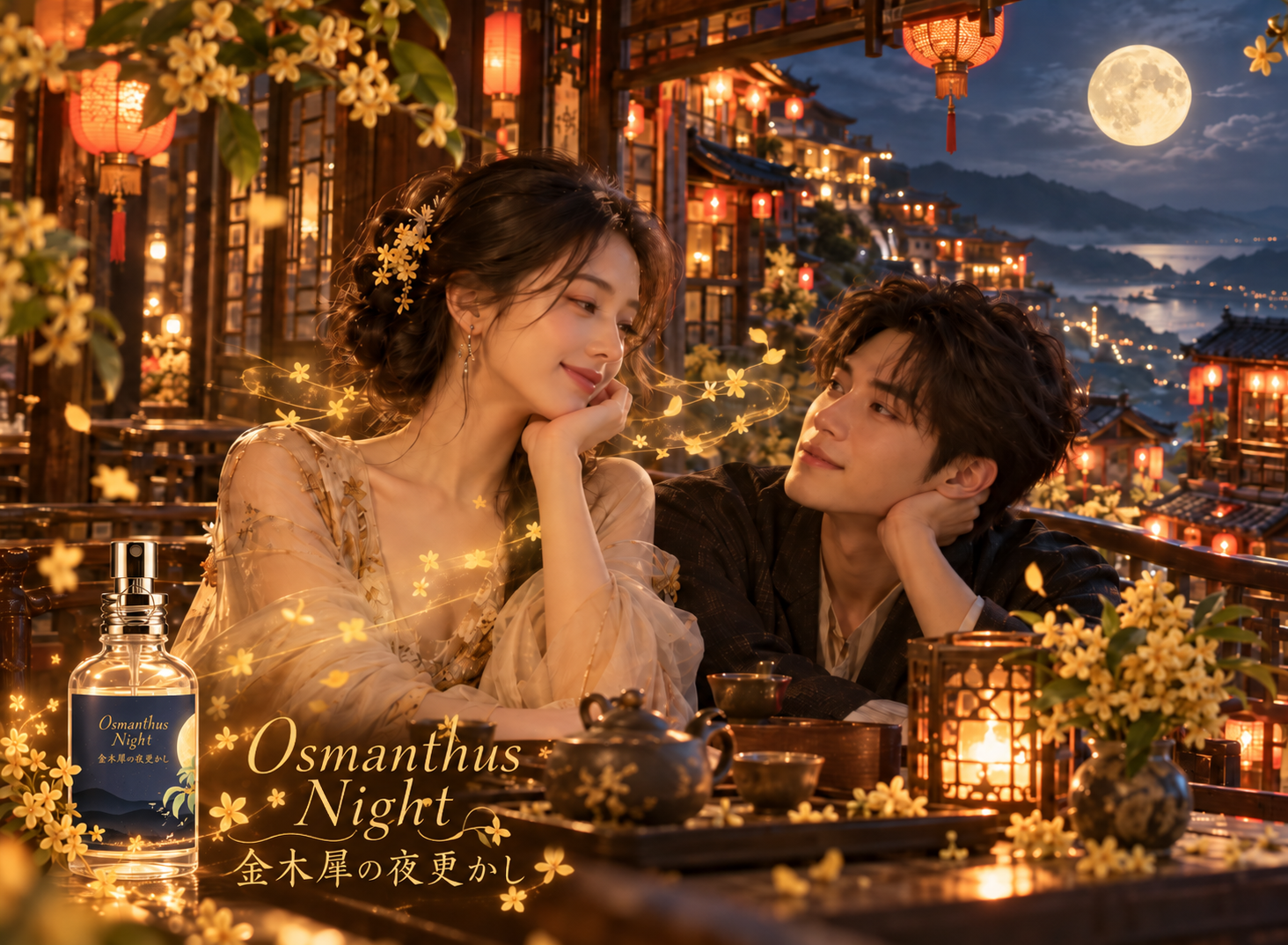 FINCA Osmanthus Night 桂花香水情境圖，月夜九份茶館中情侶約會，金木犀花香營造溫柔迷人的秋夜氛圍