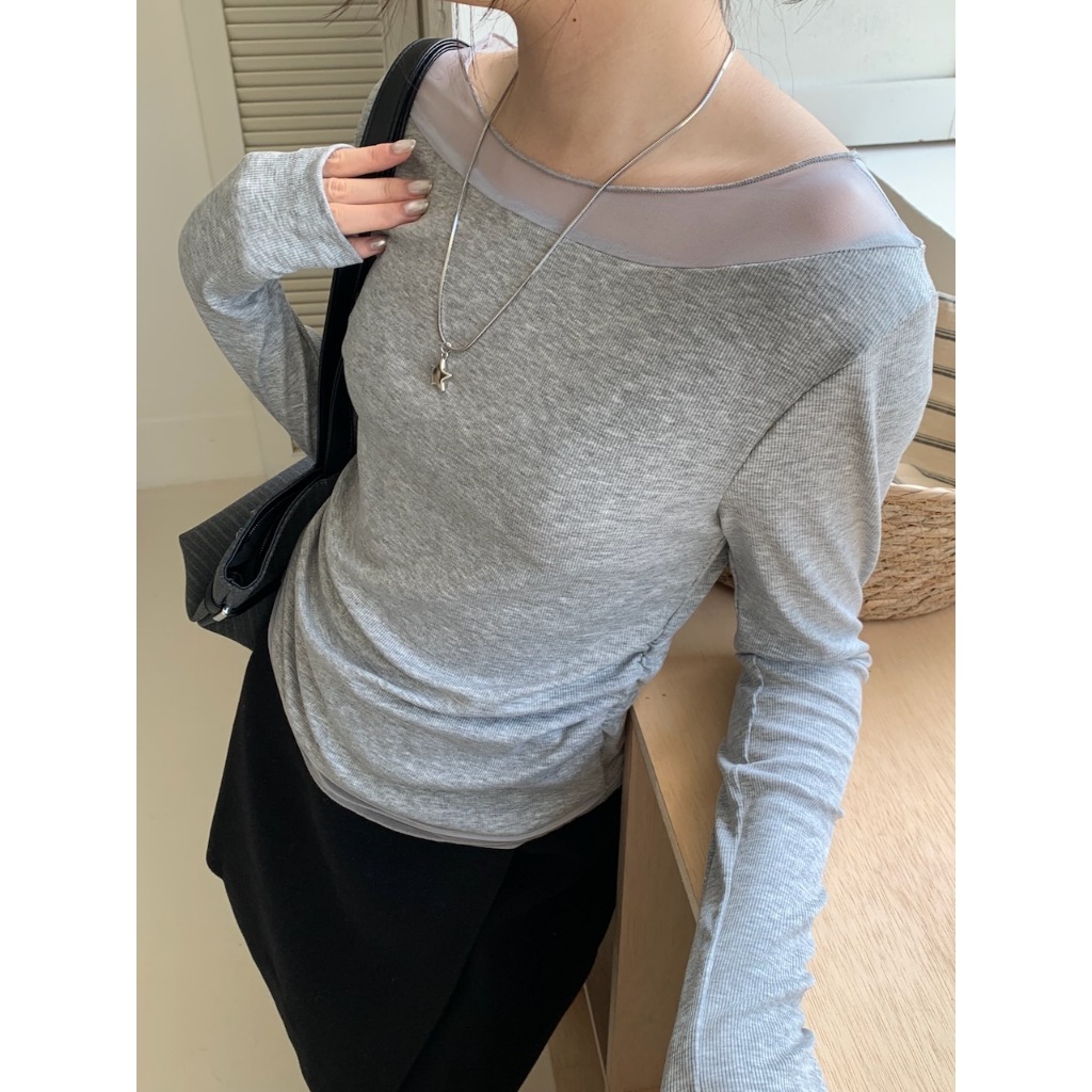 A02 層次甜心 網紗拼接直條紋上衣 #A1040