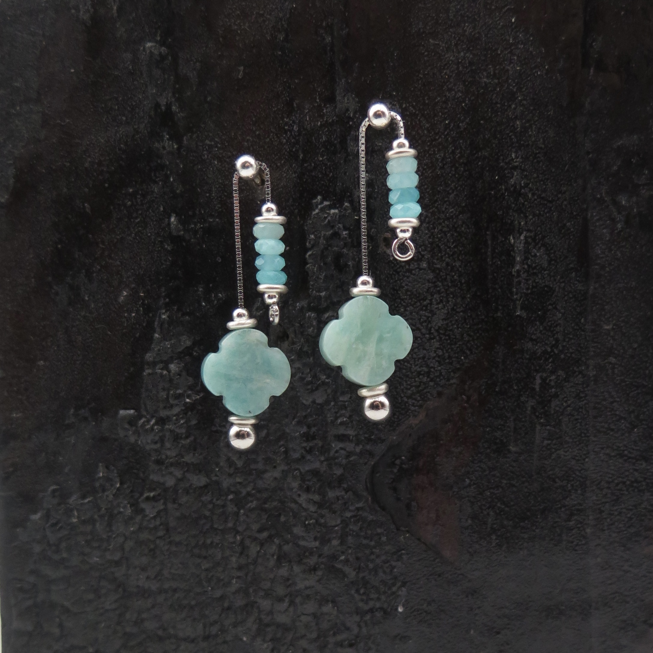 Adjustable Series - Natural Amazonite lucky leaf silver earrings
