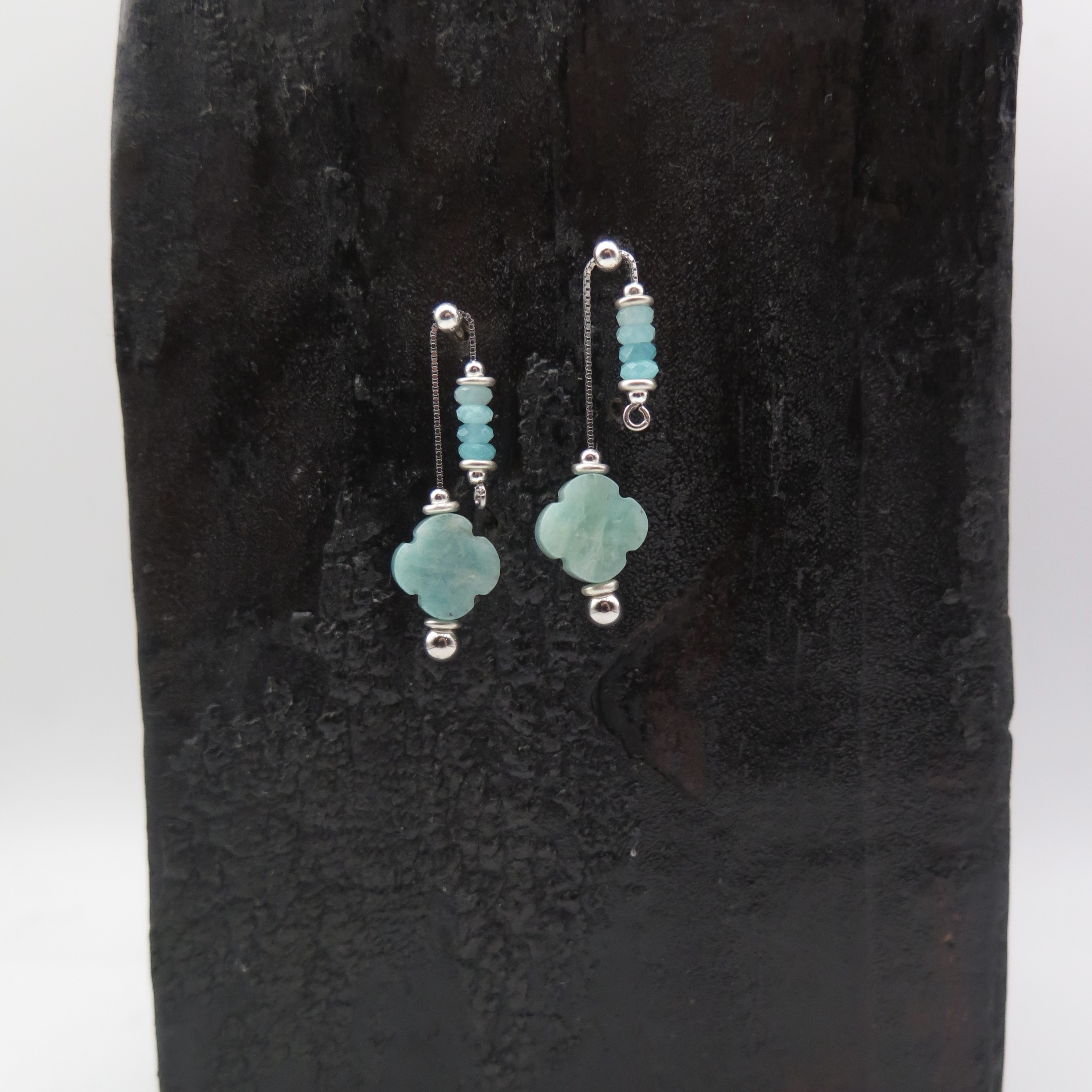 Adjustable Series - Natural Amazonite lucky leaf silver earrings
