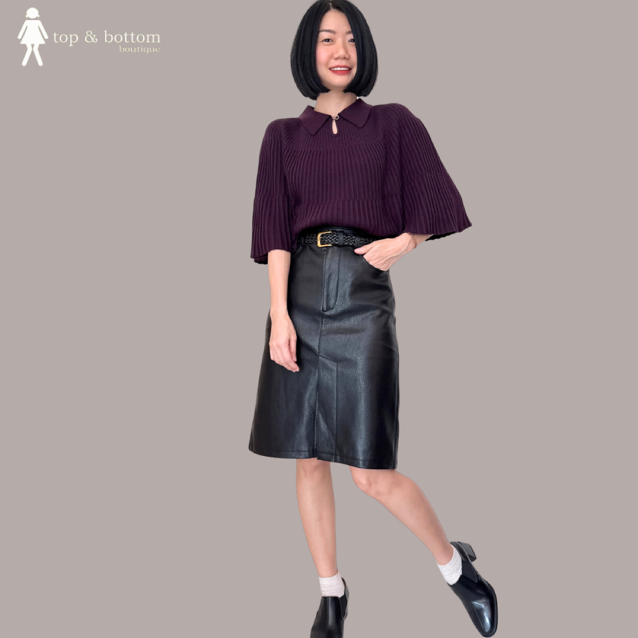 COLLARED PLEAT DETAILED CAPE SLEEVE KNIT BLOUSE