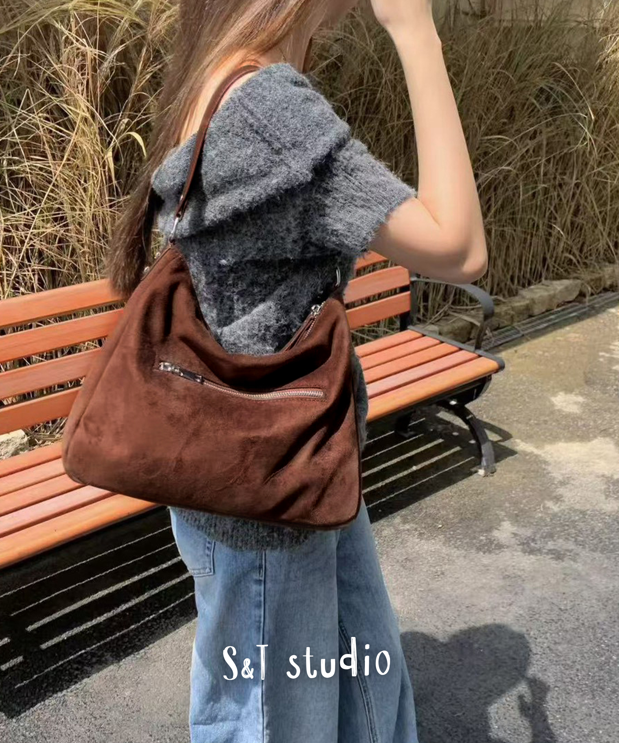 韓系復古麂皮感雙肩帶大容量肩背包