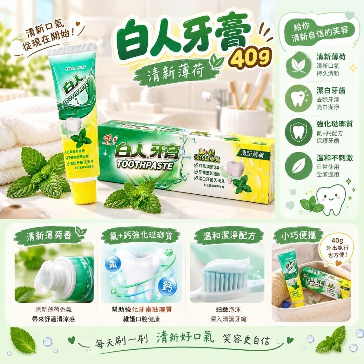 白人牙膏 40g｜經典清新薄荷香 氣味持久護齒【輕鬆購五金百貨】
