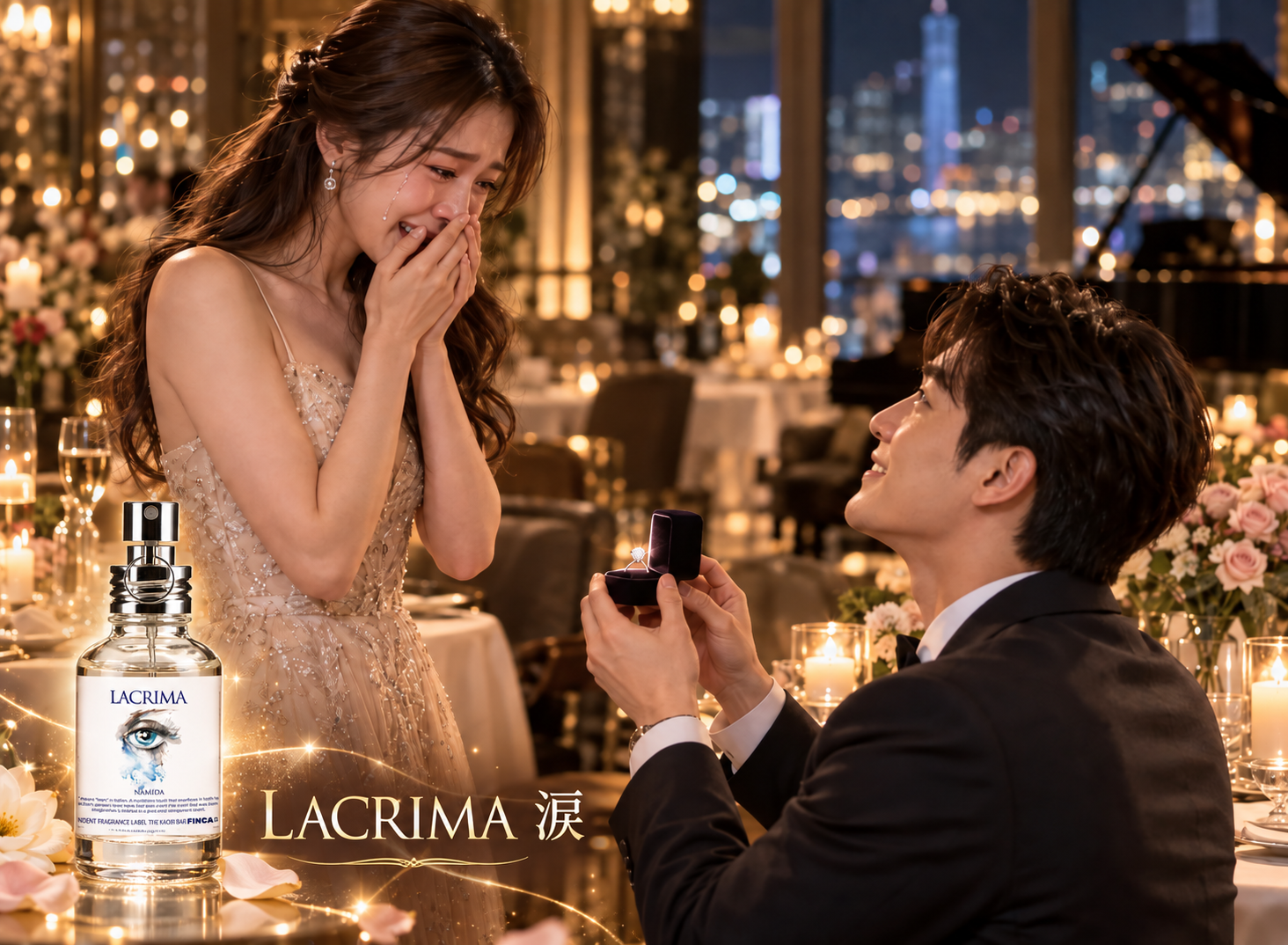 「FINCA LACRIMA 涙」香水約會情境圖，男子在高級餐廳求婚，女子喜極而泣展現純淨透明的花香意象