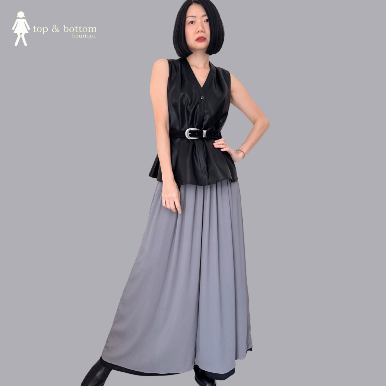 SLEEVELESS PU LEATHER BUTTON BLOUSE WITH BELT