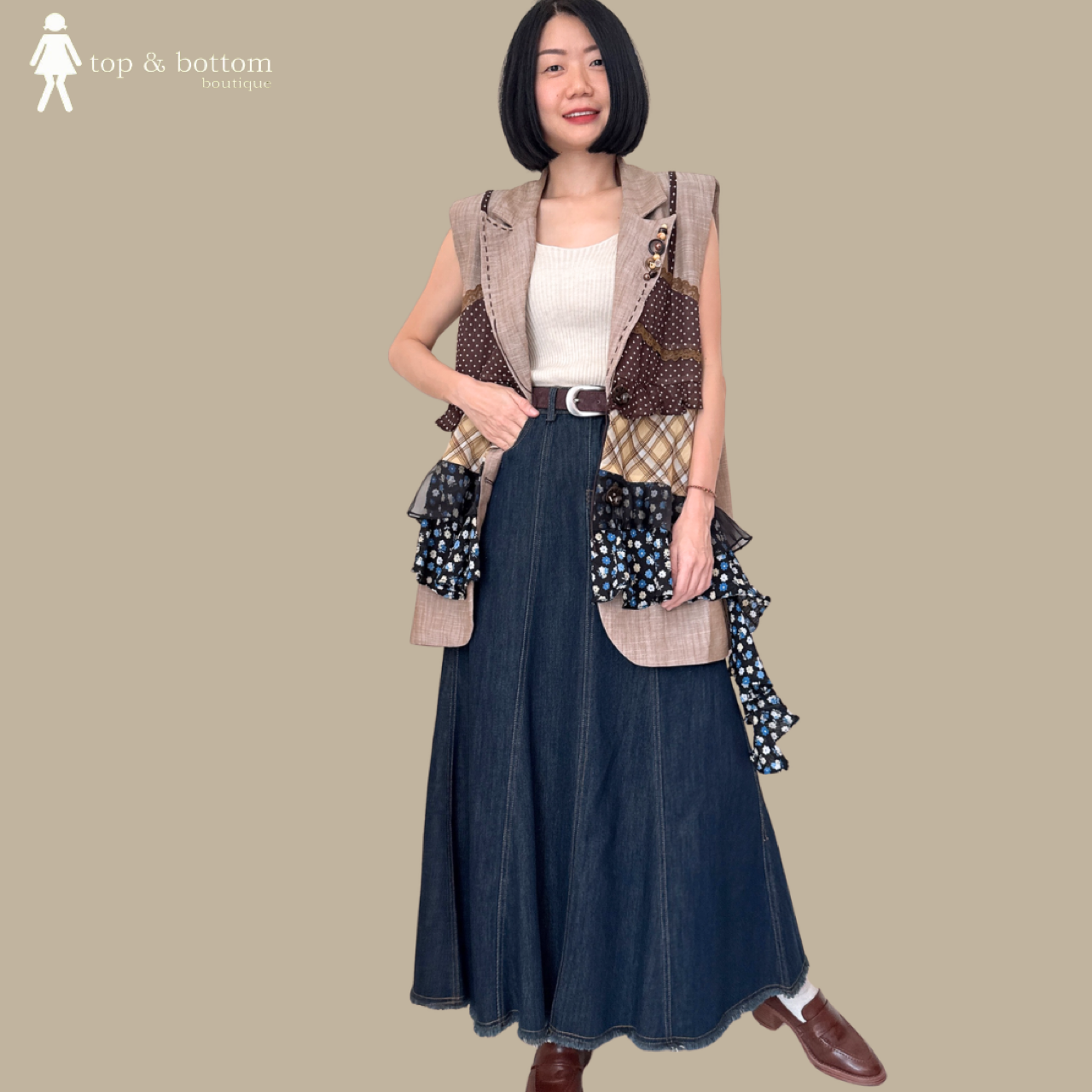 SLEEVELESS LONG VEST WITH CHIFFON PRINTED FRILLS COLLAGE
