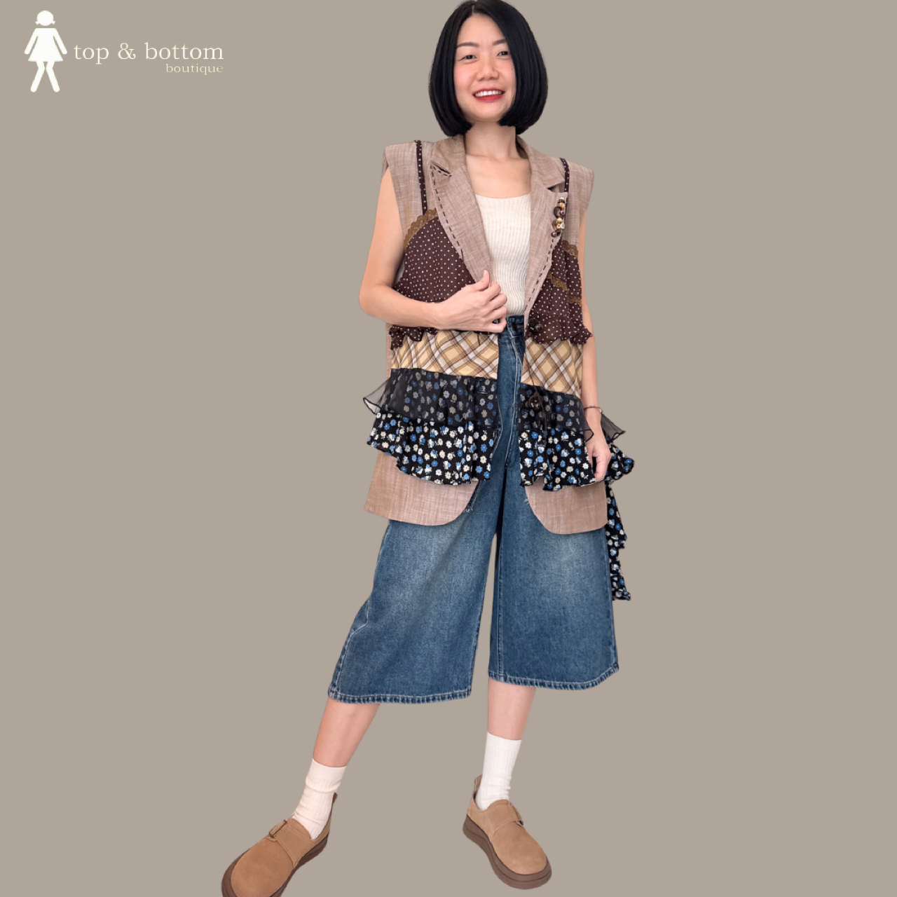 SLEEVELESS LONG VEST WITH CHIFFON PRINTED FRILLS COLLAGE