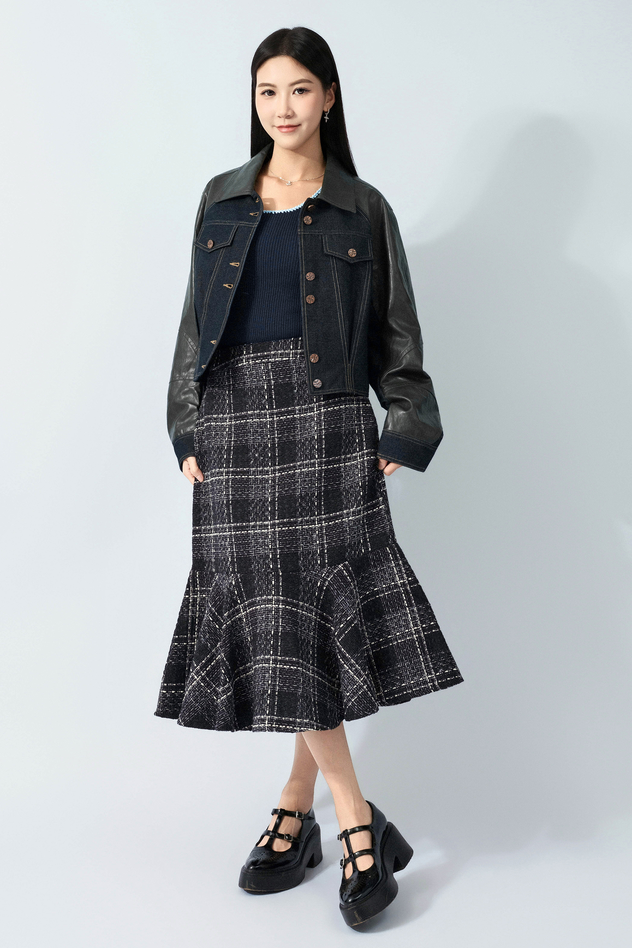 閃線格紋tweed魚尾裙（預購產品）