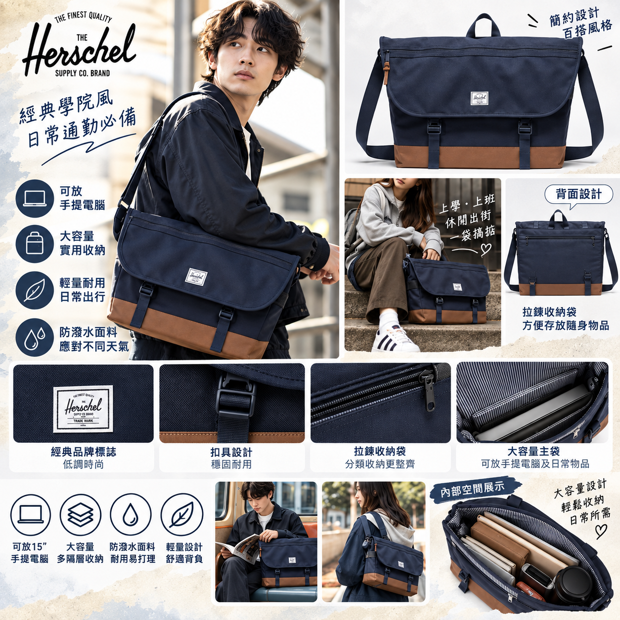 【預購】Herschel N100717 單肩包 (深藍拼啡色)