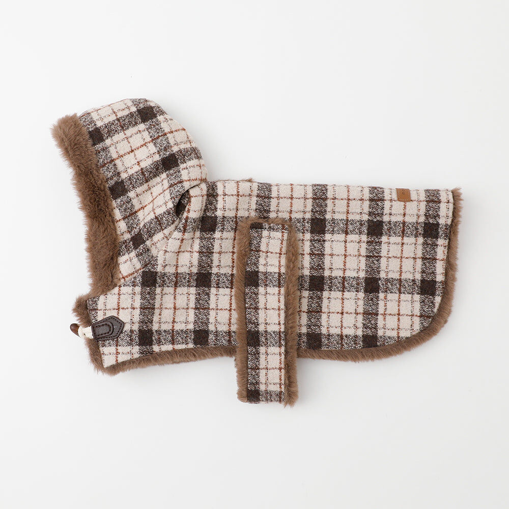 【Moncheri】Fur-Trim Check Wool-Look Cape