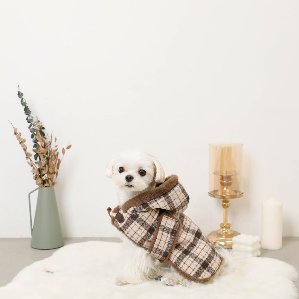 【Moncheri】Fur-Trim Check Wool-Look Cape
