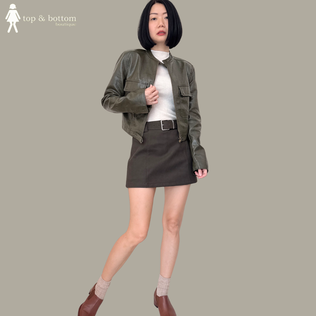 LONG SLEEVE PU LEATHER POCKET SHORT JACKET