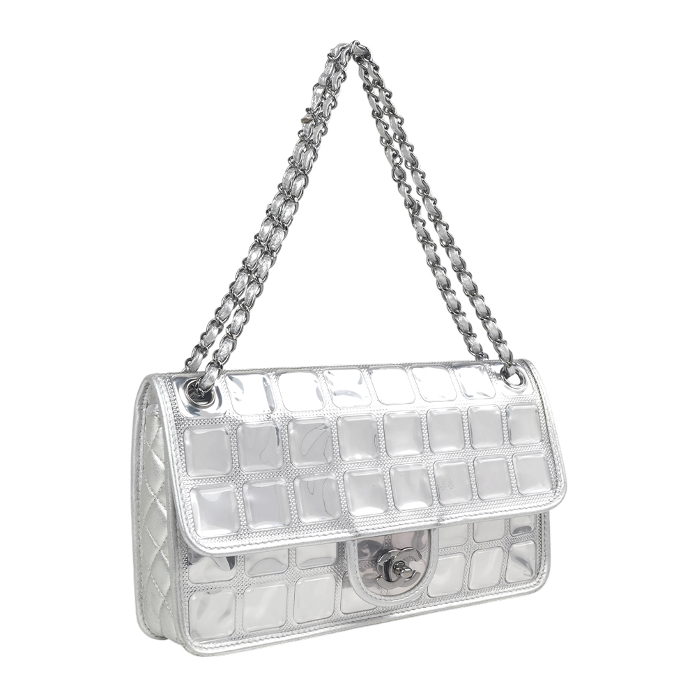 【CHANEL】絕版 Ice Cube 黑銀釦翻蓋雙鍊肩背包/冰塊包(銀色)