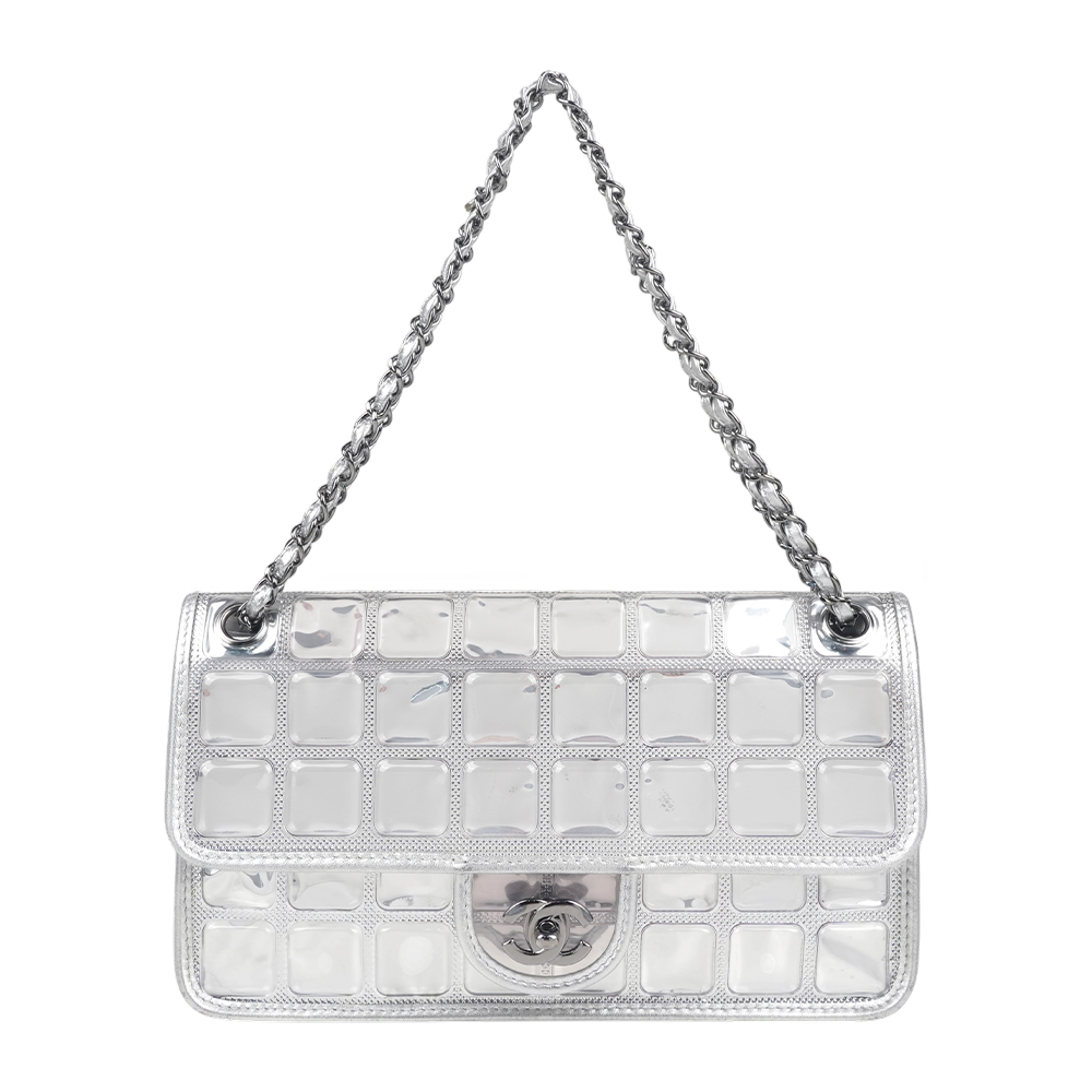 【CHANEL】絕版 Ice Cube 黑銀釦翻蓋雙鍊肩背包/冰塊包(銀色)