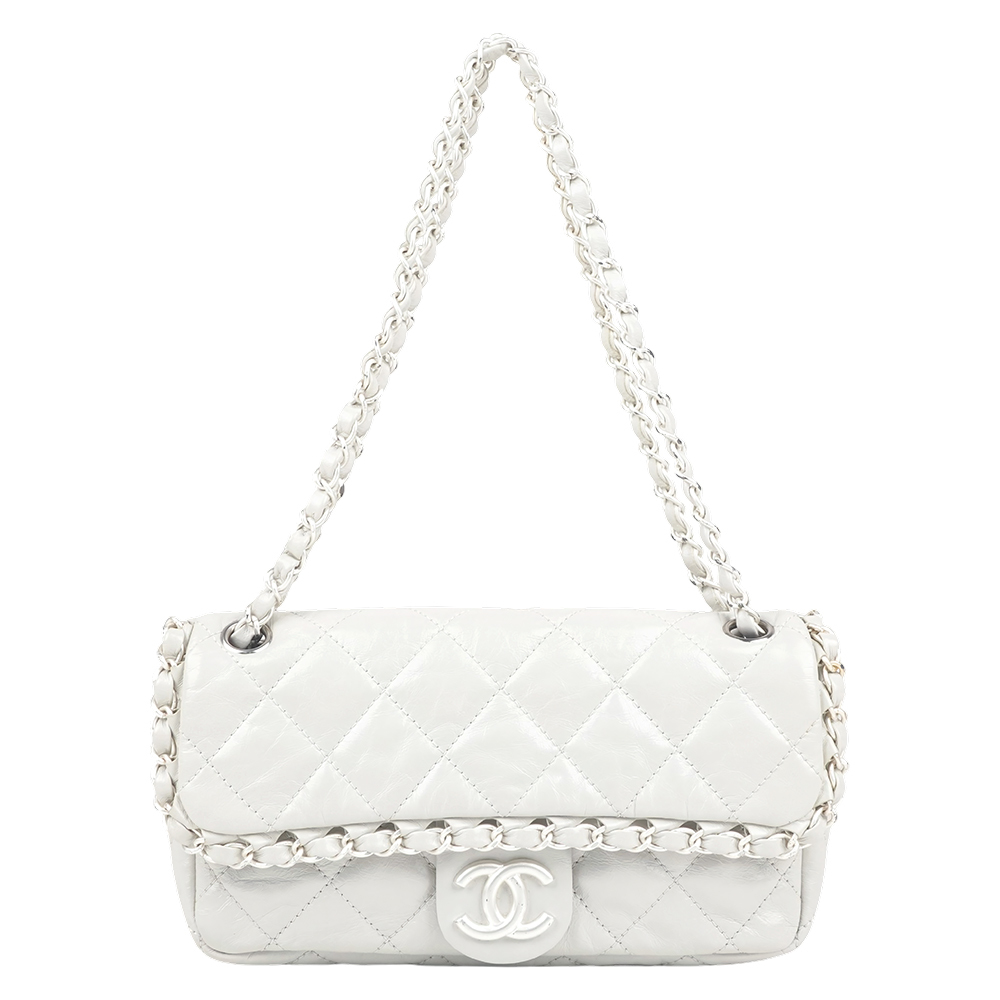 【CHANEL】Chain Me 白銀釦油蠟牛皮翻蓋肩背包(珍珠白)
