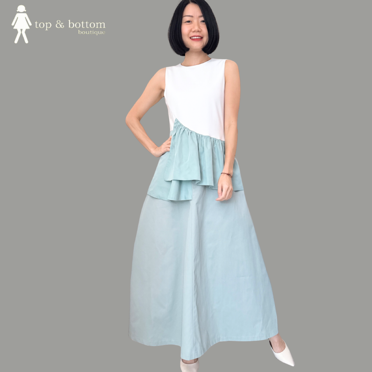 SLEEVELESS ELASTIC TOP WITH LAYERED BOTTOM TWO TONE MIDI DRESS