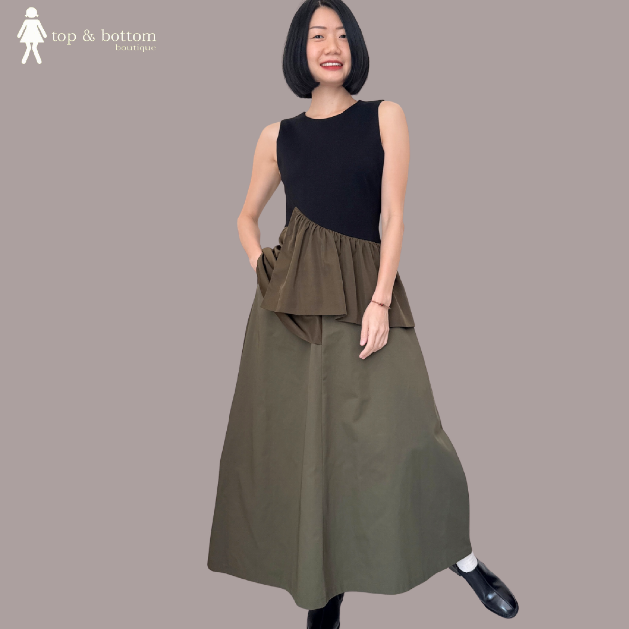 SLEEVELESS ELASTIC TOP WITH LAYERED BOTTOM TWO TONE MIDI DRESS