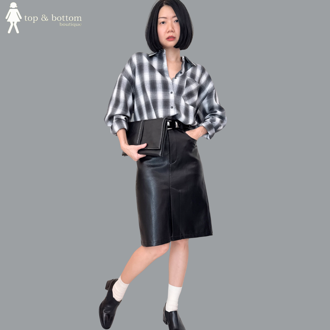 HIGH WAISTED PU LEATHER PENCIL SKIRT WITH BELT