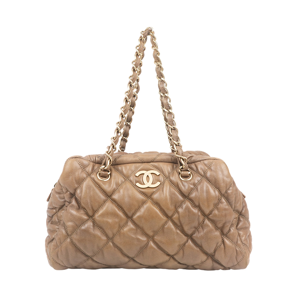 【CHANEL】金色CC Logo 大菱格紋羊皮肩背包/泡泡包(棕色)