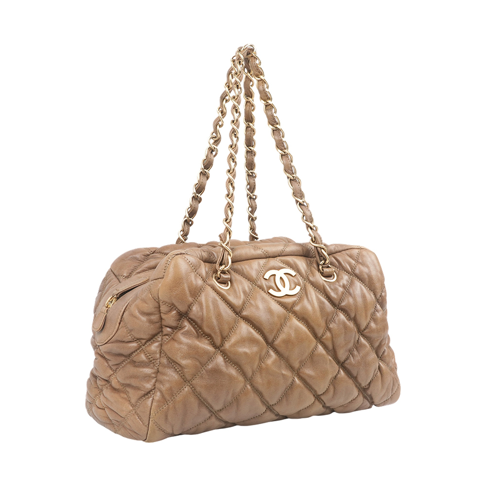 【CHANEL】金色CC Logo 大菱格紋羊皮肩背包/泡泡包(棕色)