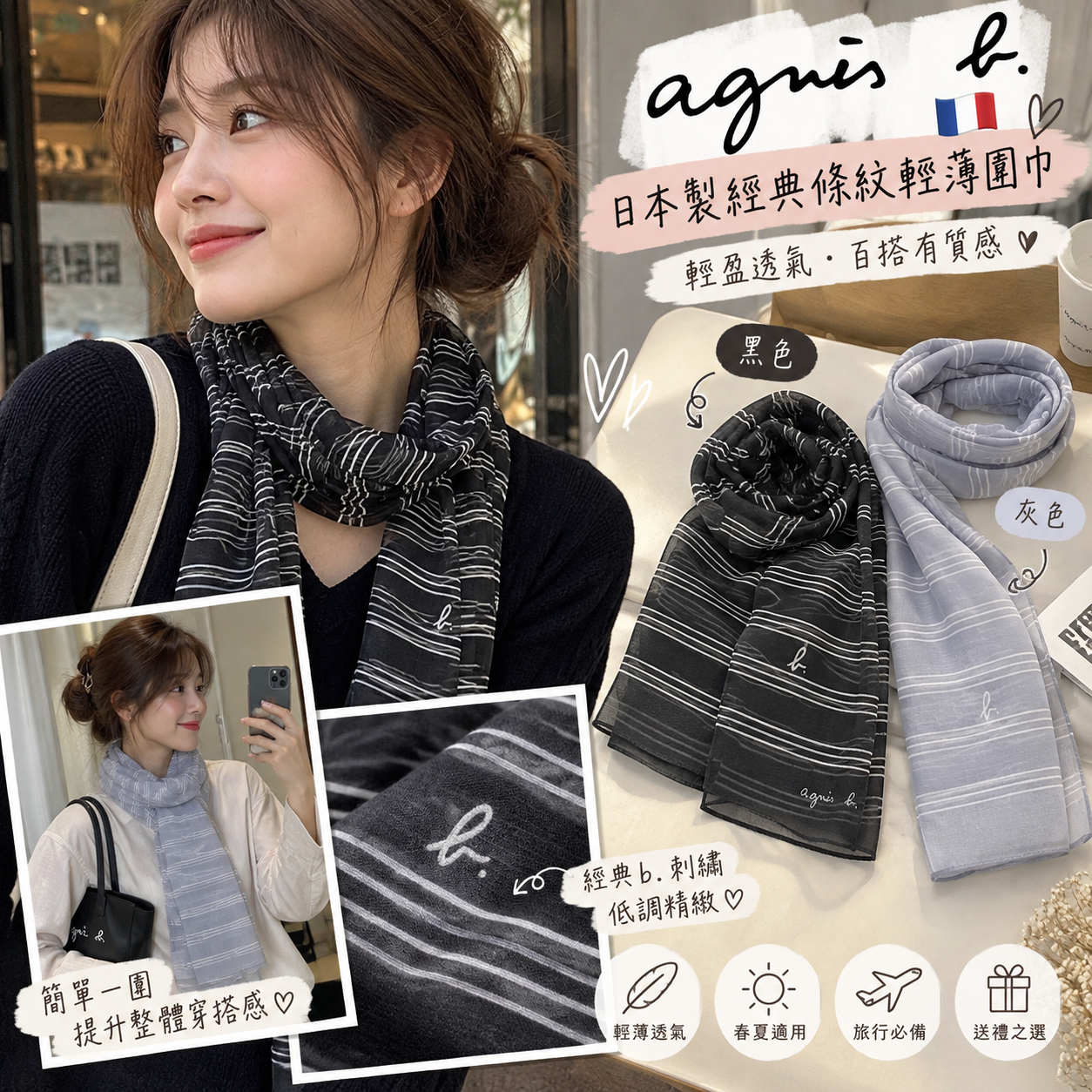 【預購】JM100706 🇫🇷 agnès b. 日本製經典條紋輕薄圍巾