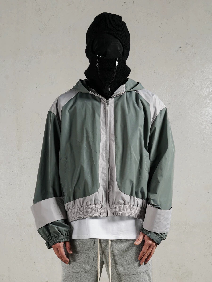NOMANSLAND Grey-Green Color Block Workwear Hooded Windbreaker