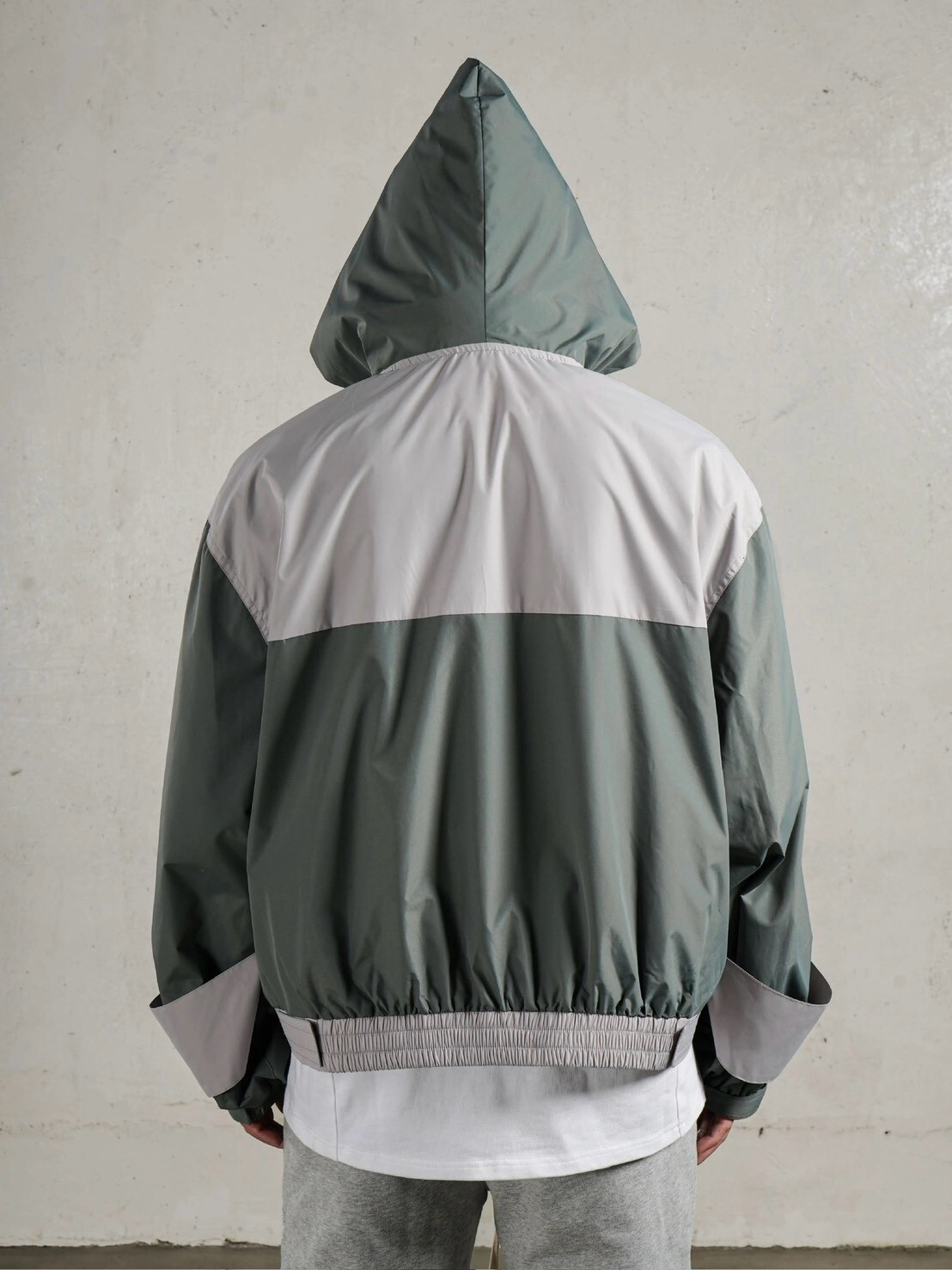 NOMANSLAND Grey-Green Color Block Workwear Hooded Windbreaker