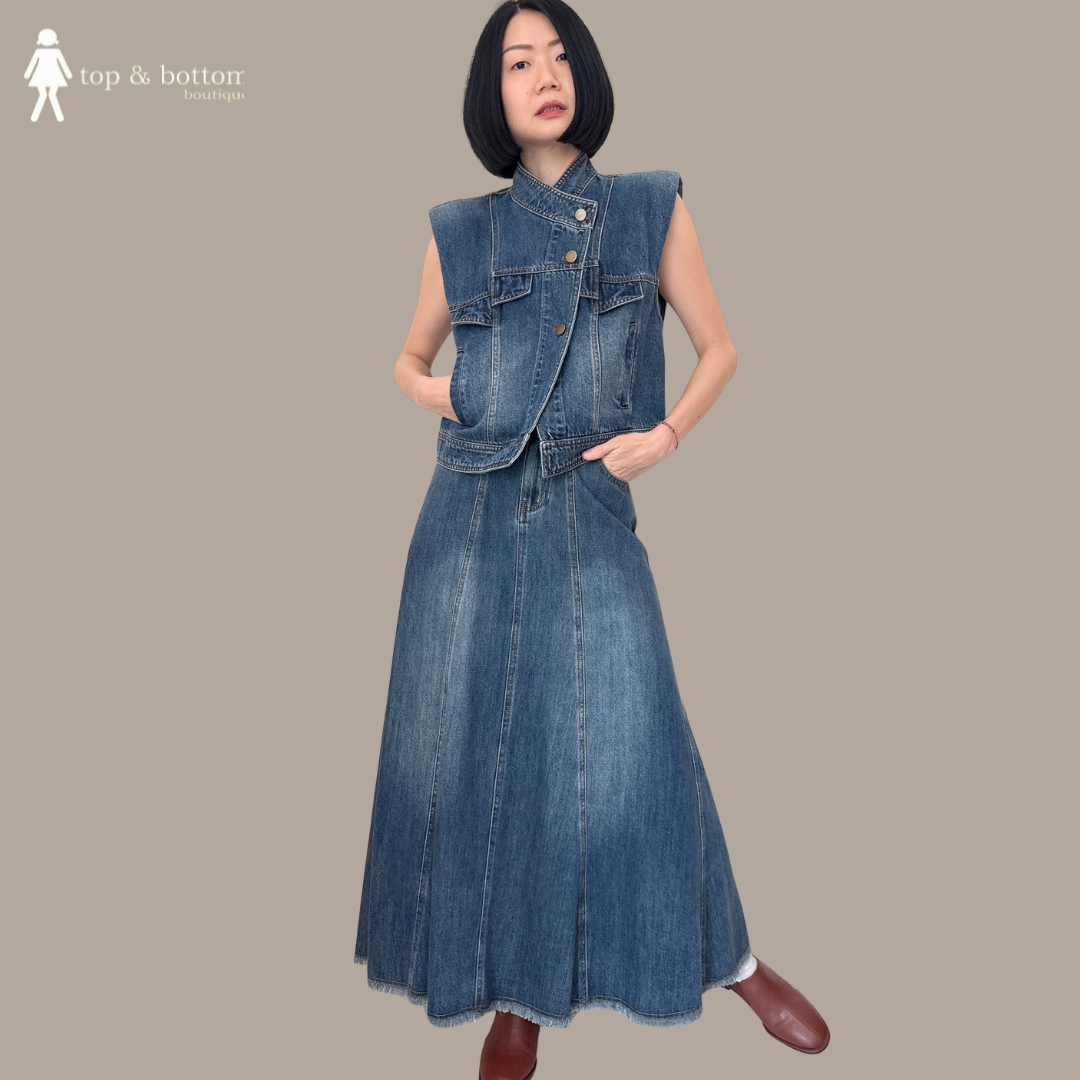 DENIM ZIPPED VEST WITH EMBROIDERED COLLAR
