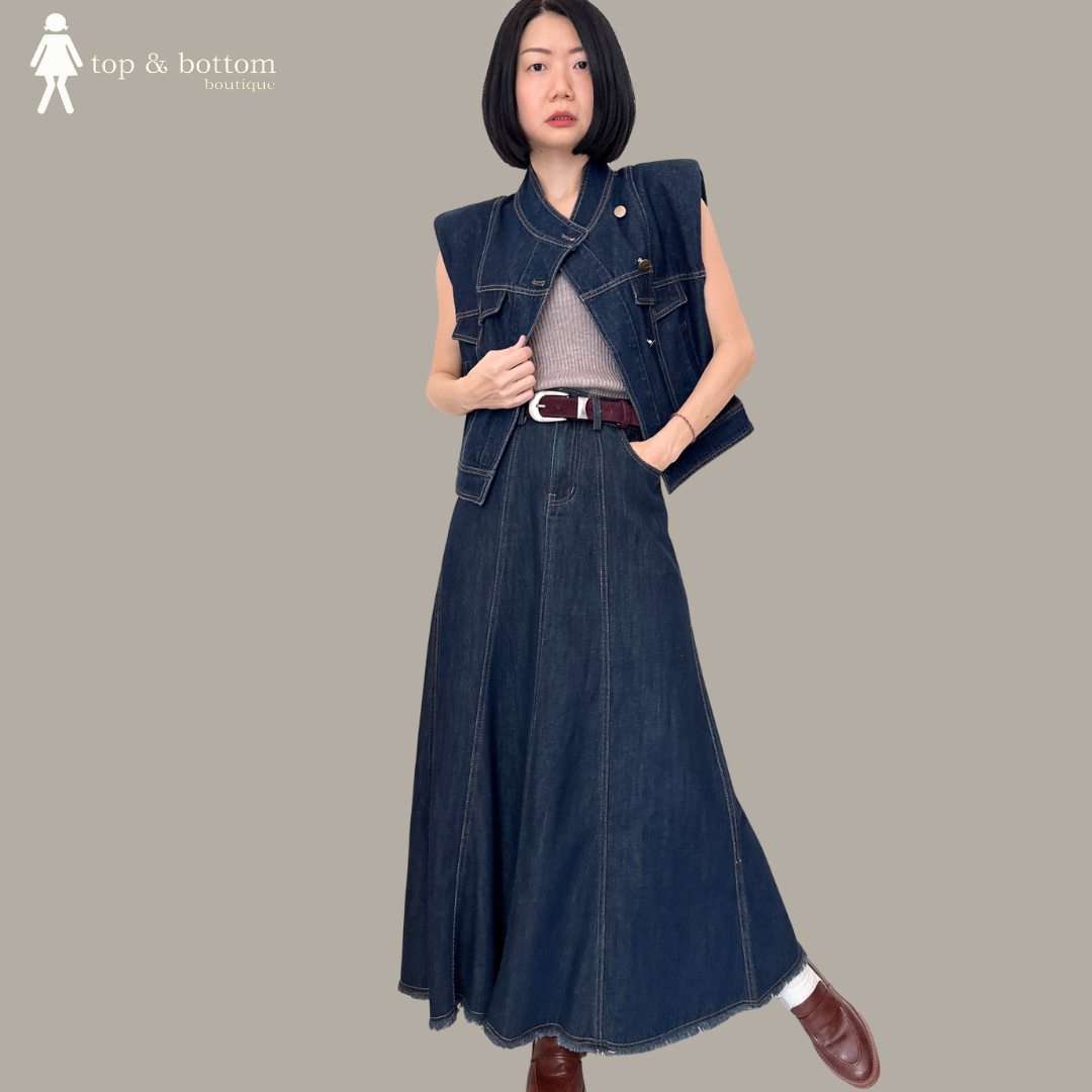 DENIM ZIPPED VEST WITH EMBROIDERED COLLAR