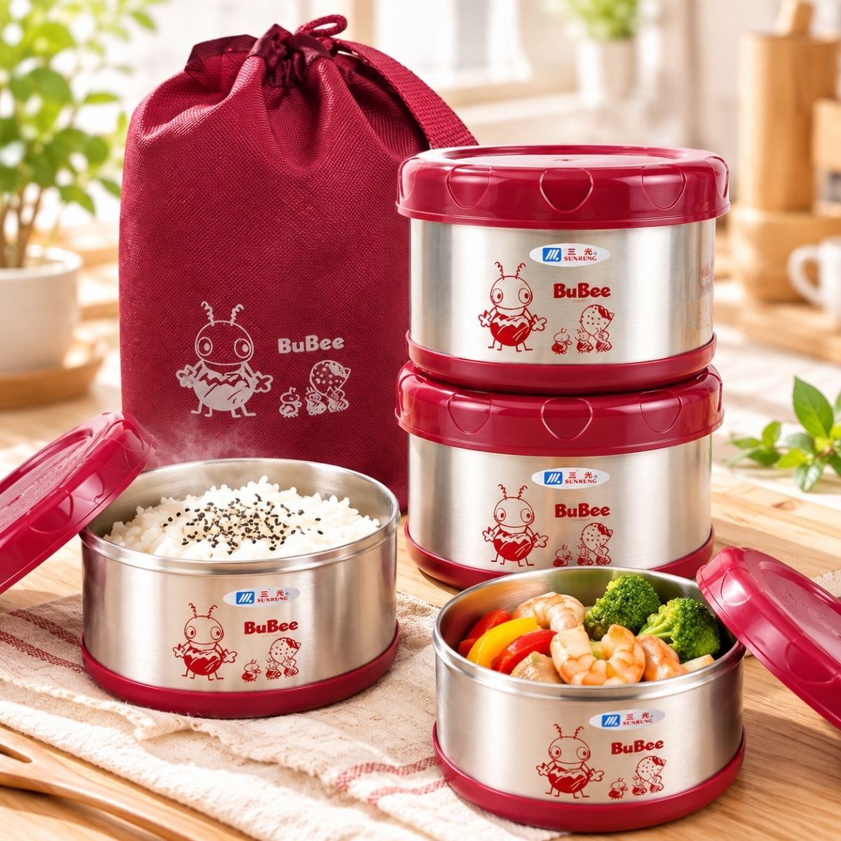 小蟻布比保溫便當盒500ml×2｜304不鏽鋼雙層便當盒 保溫飯盒 附提袋【輕鬆購五金百貨】