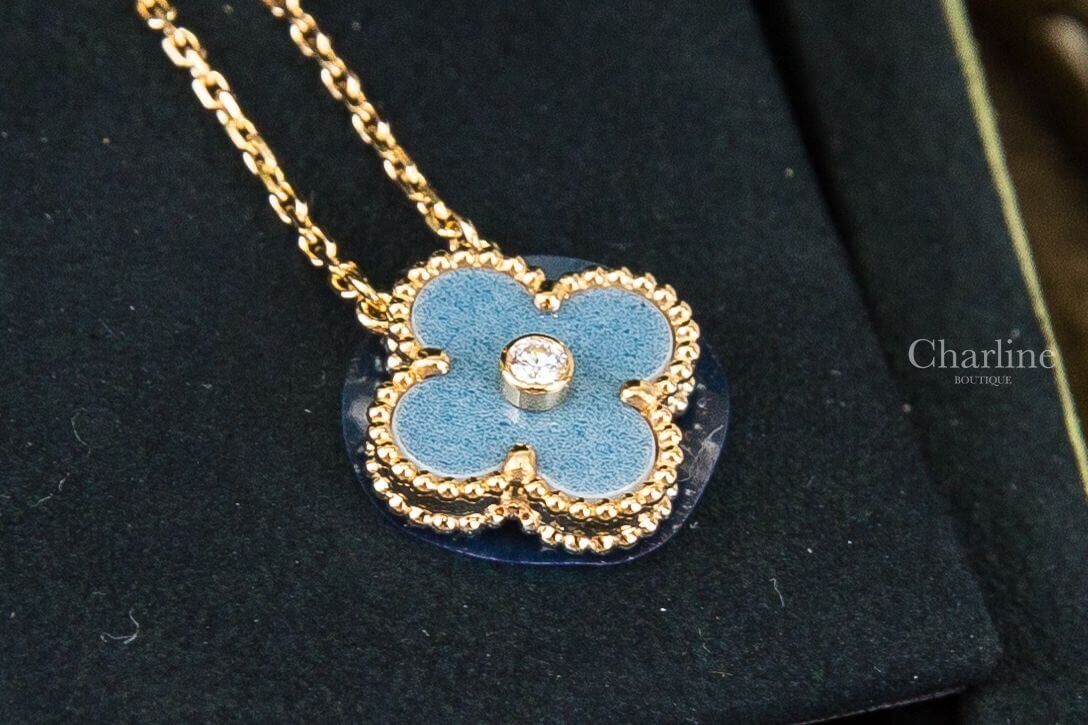 Van Cleef & Arpels Vintage Alhambra Pendant 聖誕節限定款單顆水鑽四葉草藍色陶瓷18K金項鍊