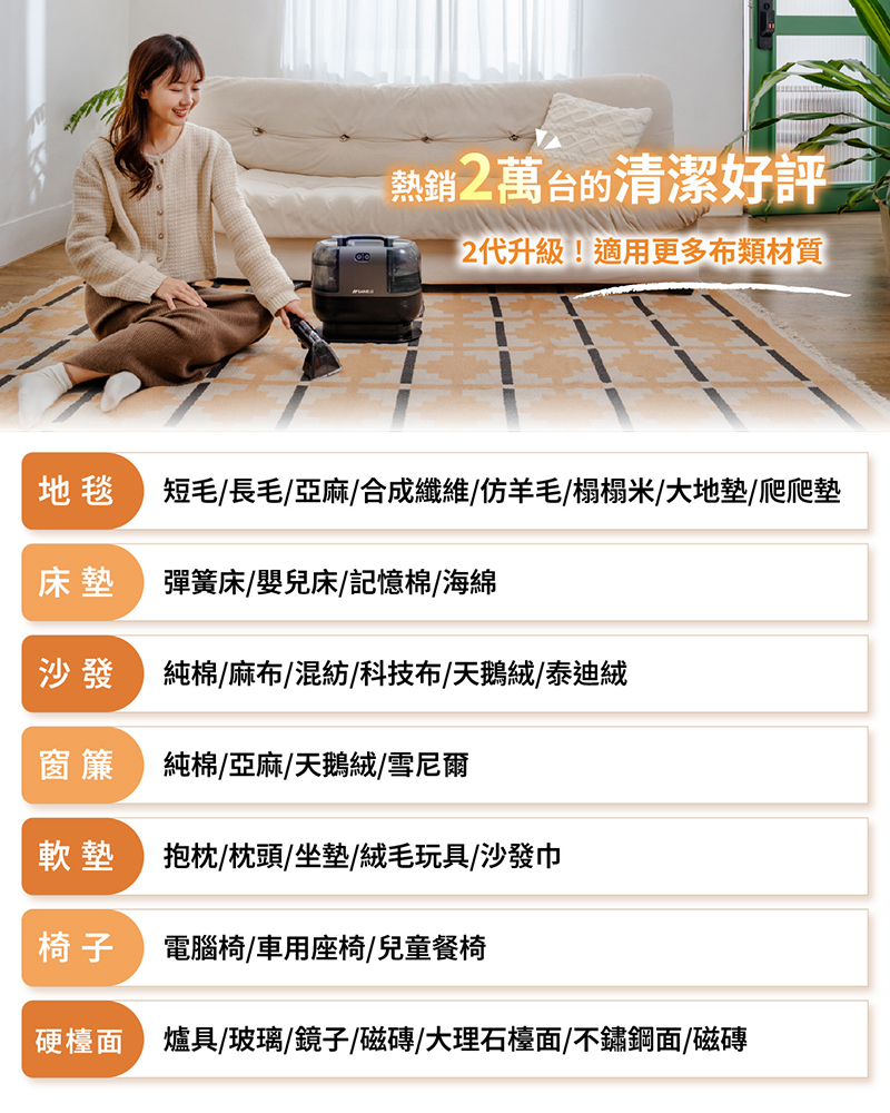 山水第2代蒸氣織物機終潔者適用更多布類材質,地毯/床墊/沙發/窗簾/軟墊/椅子/硬檯面