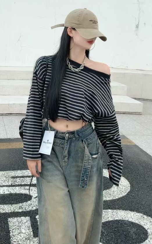 牧羊絨磨毛條紋上衣