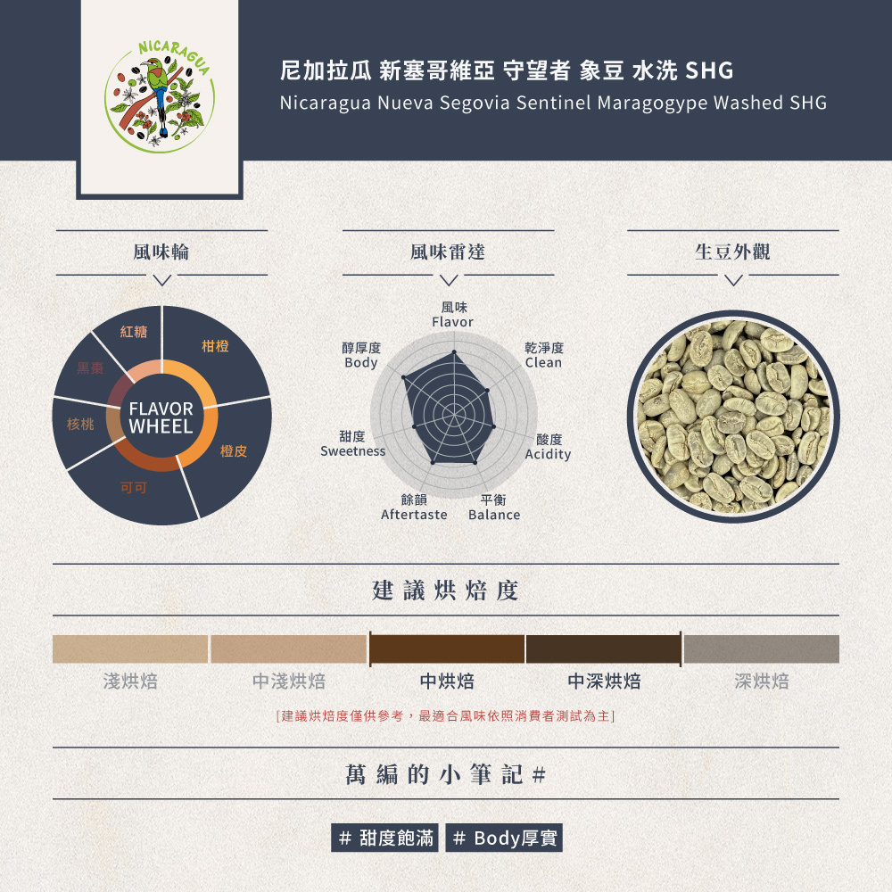 【優惠商品】尼加拉瓜 新塞哥維亞 守望者 象豆 水洗 SHG